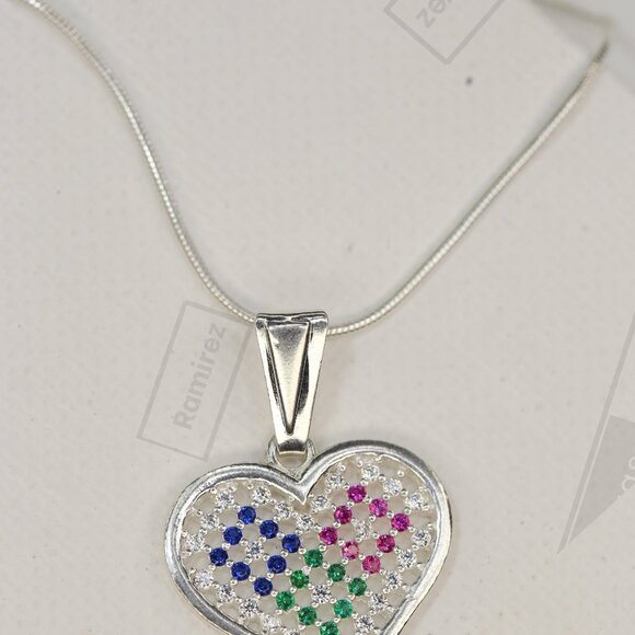 925 Sterling Silver Multicolor Heart Pendant with Chain • 18" Snake Necklace. - Picture 2 of 7